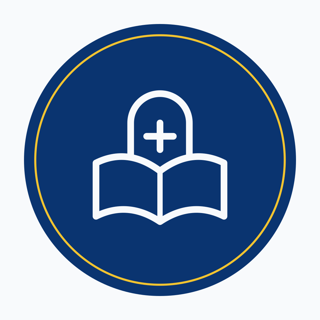 Navy circular Living Word Plaza book-and-doorway symbol with a gold border