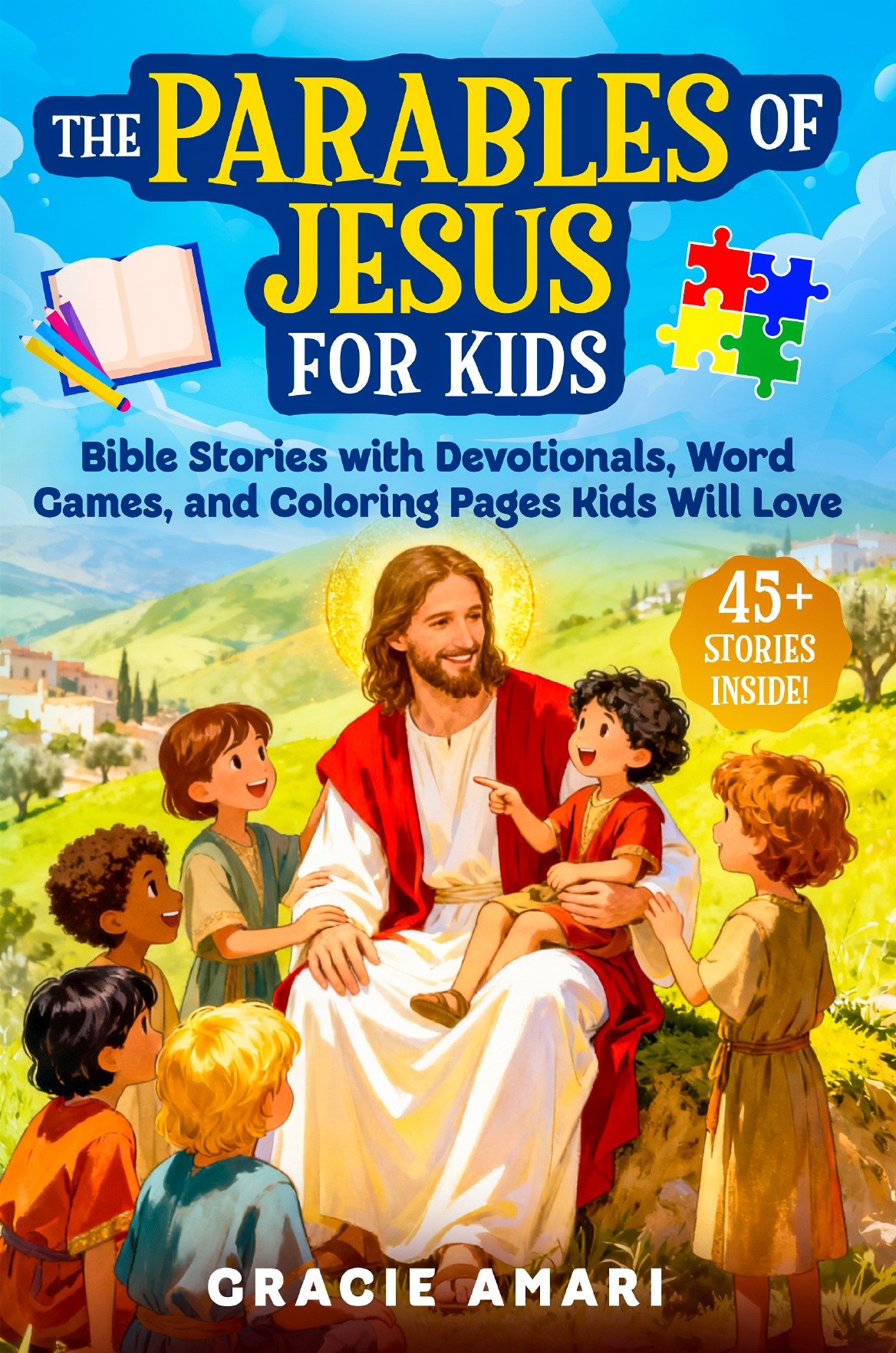 The Parables of Jesus for Kids by Gracie Amari: the actual blue-and-gold cover showing Jesus with children